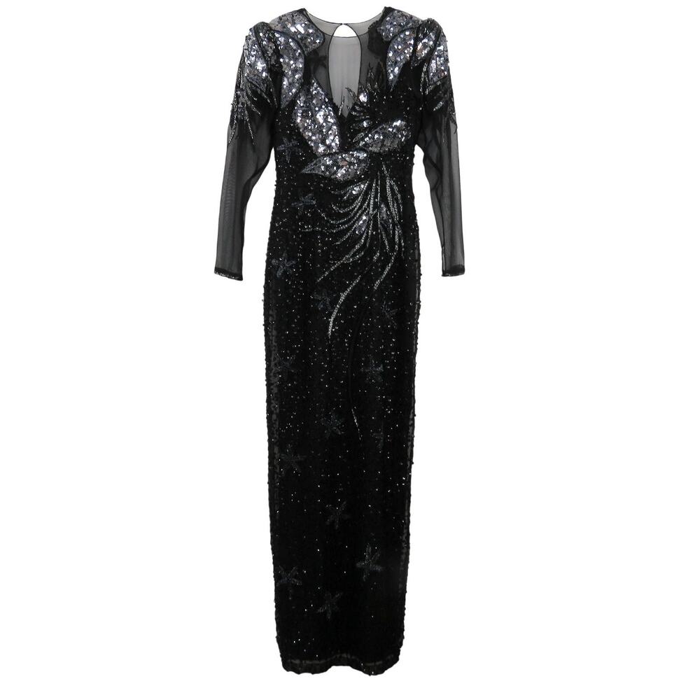 Sava Fashions 1970s Vintage Black Sequin Beaded Long Sleeve Dress Gown Small - Picture 3 of 8